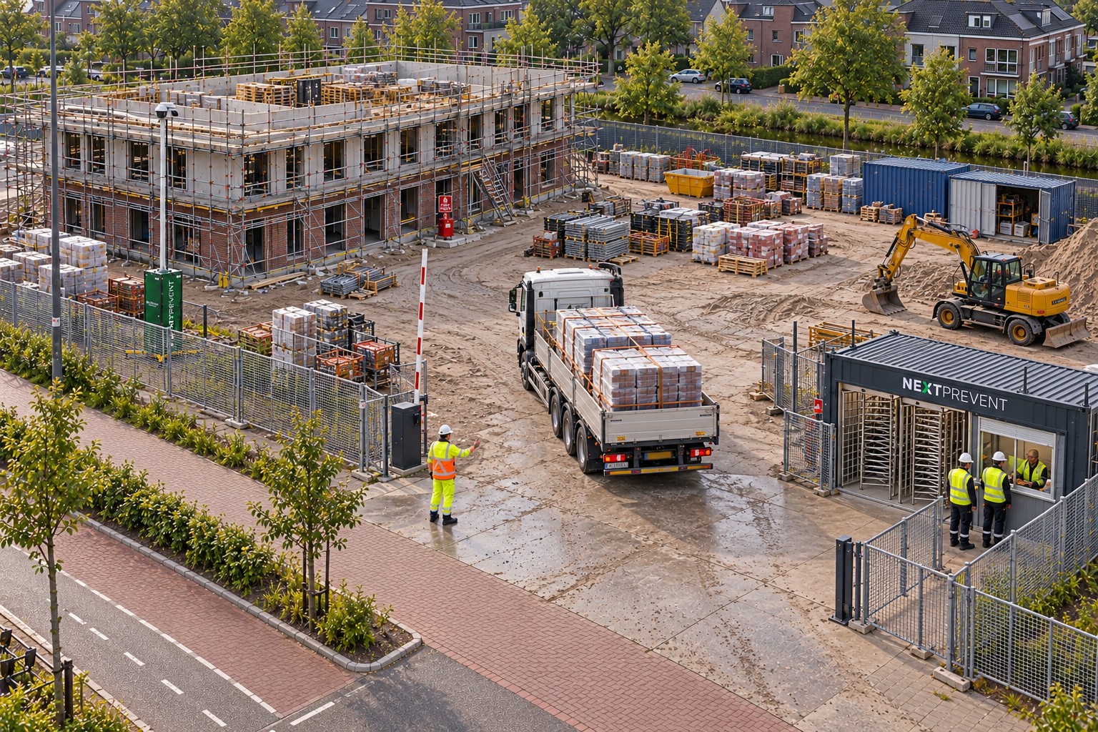 Realistisch voorbeeldterrein met bouwproject, Next Prevent-cameramast en toegangsbeheer